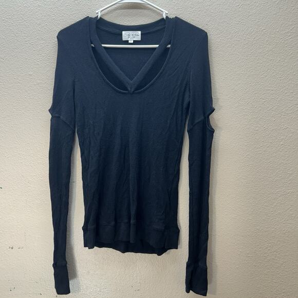 Feel the Piece Terre Jacobs V Neck Long Sleeve Waffle Thermal Top Black XS/S - Picture 1 of 3